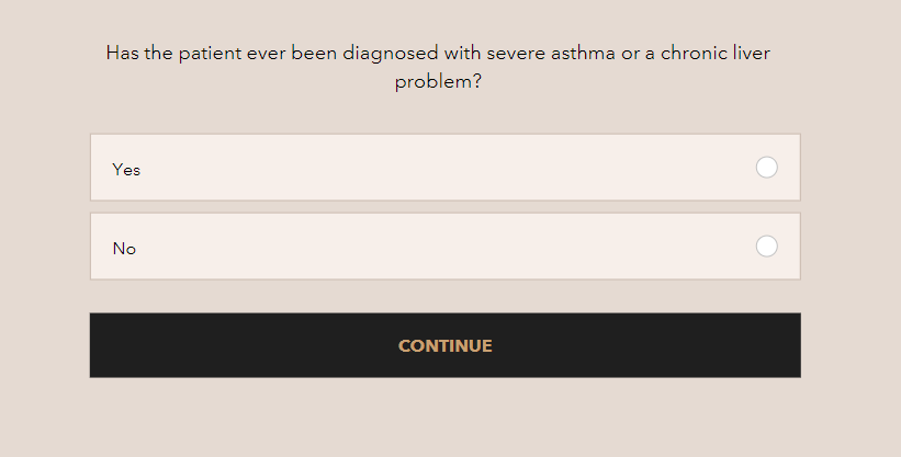 Radio buttons for selecting diagnosis of asthma or liver issues.