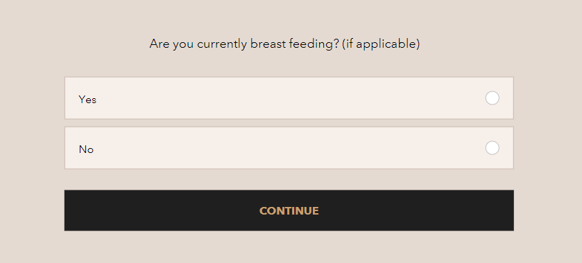 Radio buttons for selecting breast feeding status.