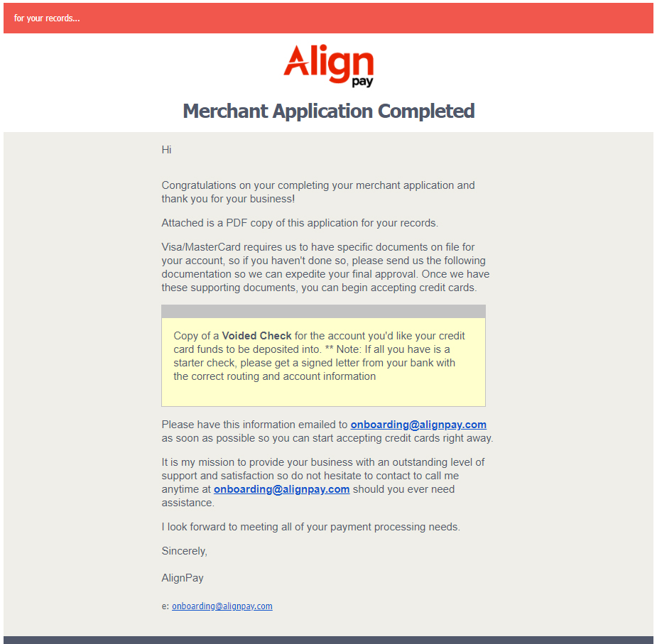 AlignPay Merchant Application Completed